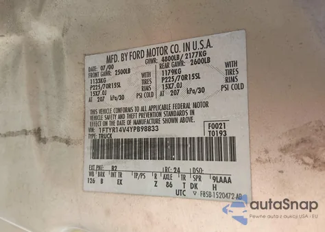 2000 Ford Ranger Xl/Xlt from USA, damaged, VIN 1FTYR14V4YPB98833